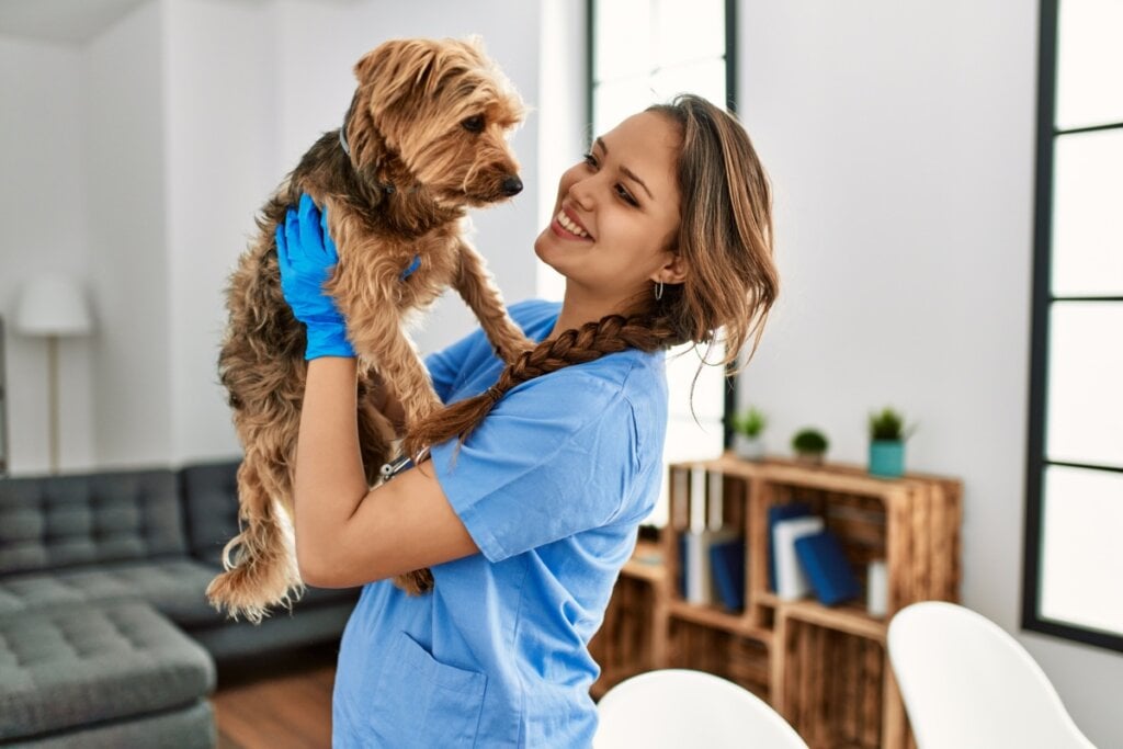 veterinária sorrindo segurando cachorro em sala