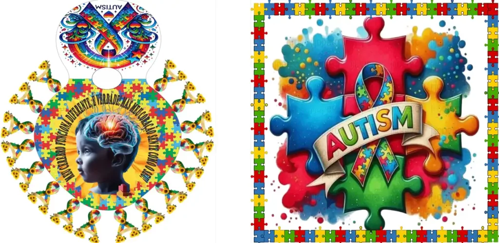 Bate-bolas autismo Carnaval / Detalhes da fantasia: na direita se vê a arte usada no escudo, que tem escrito em inglês a palavra "autismo". No outro, a inscrição: Meu cérebro funciona diferente, é verdade, mas meu coração sente como o seu!" 