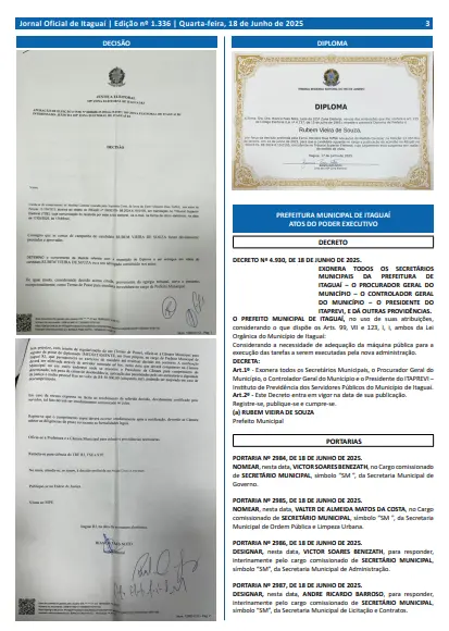 print da edição 1.336 dpo Boletim Oficial da Prefeitura de Itaguaí demonstrando a publicação de diploma e decisão judicial em favor do Rubão